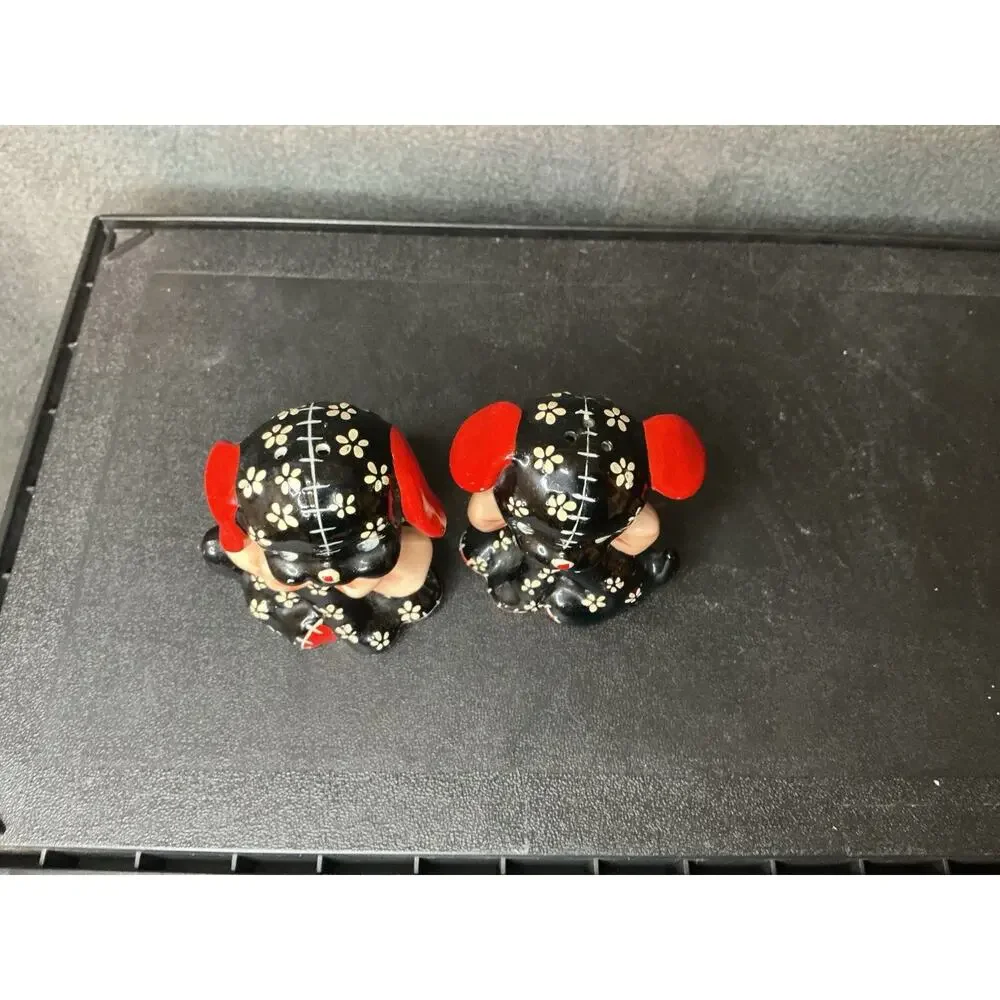Vintage Precious Lefton Black Calico Puppy Salt & Pepper Shakers